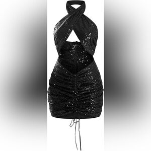 PRETTYLITTLETHING Black Sequin Cut-Out Mini Dress NWOT